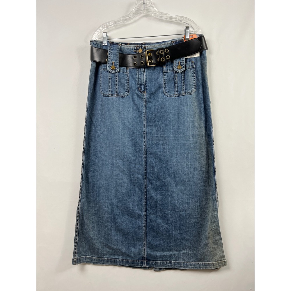 Faded Glory Denim Maxi Skirt Women 14 Blue Y2K Stretch Belted Western Stone Wash